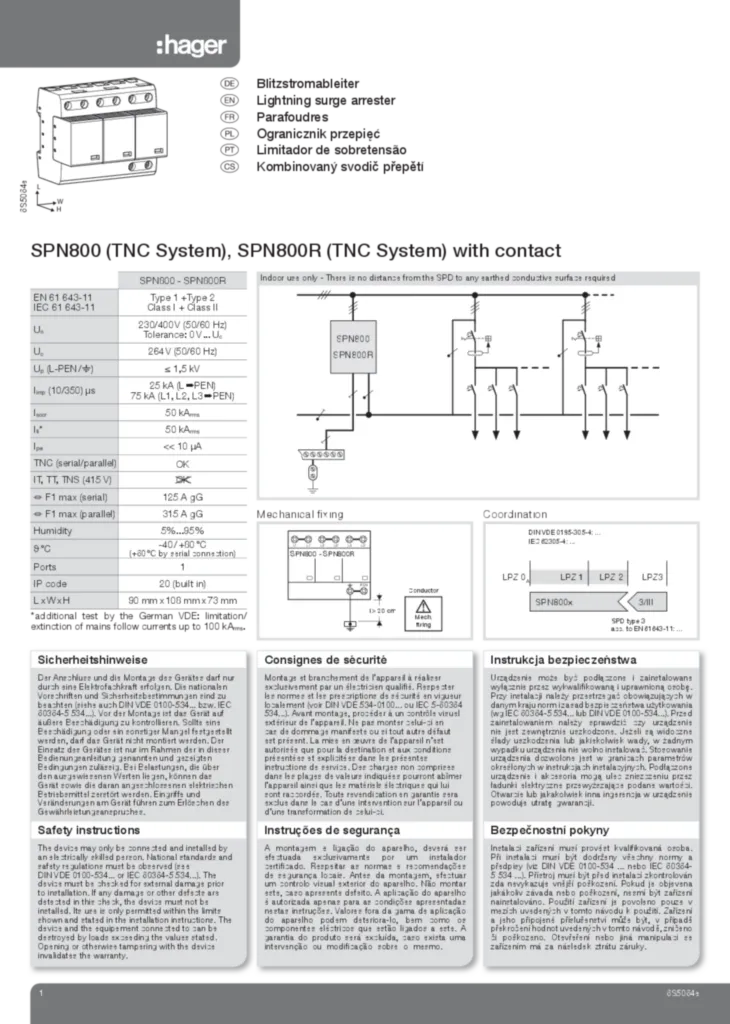 Bild Montageanleitung für SPN800 - Kombiableiter 3 polig 75kA Typ 1 TNC System mit Defektanzeige (DE-PT-EN-FR-CS-PL, Stand: 04.2015) | Hager Deutschland
