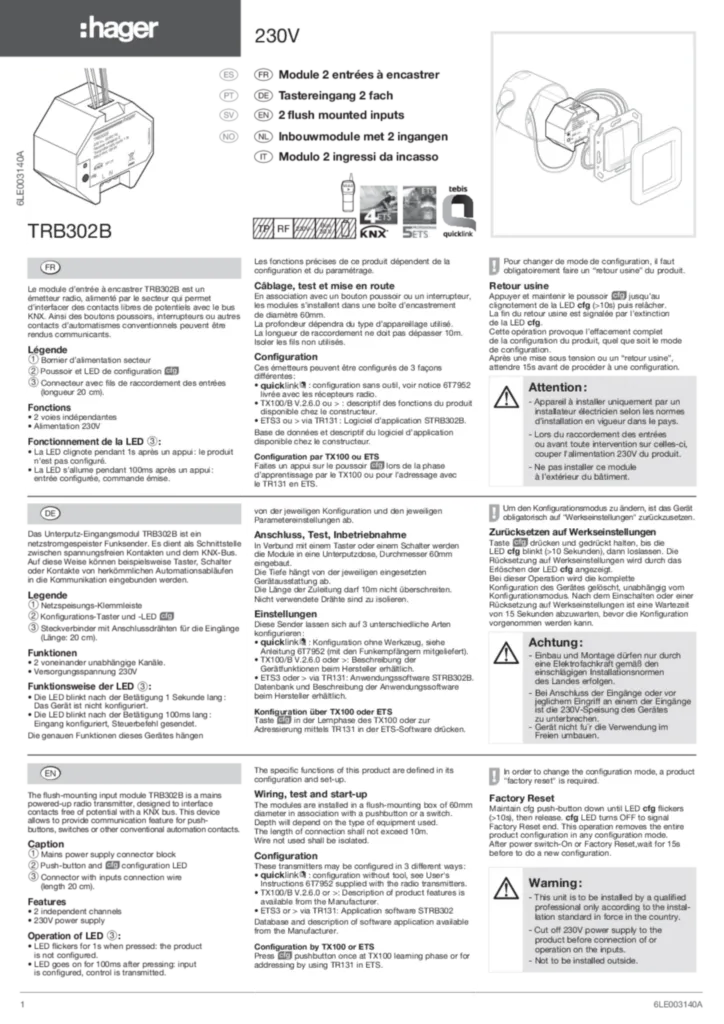 Immagine Manuale di installazione en-GB, es-ES, fr-FR, de-DE, it-IT, nl-NL, nn-NO, pl-PL, pt-PT, sv-SE 2013-05-13 | Hager Italia