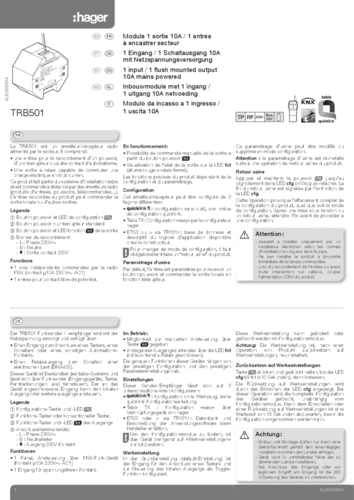 Imagem Module 1 sortie 10A 1 entrée à encastrer secteur TRB501 | Hager Portugal
