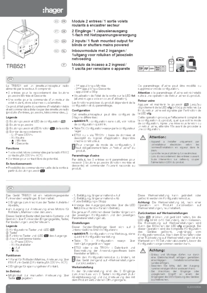 Imagem Module 2 entrées 1 sortie volets roulants à encastrer secteur TRB521 | Hager Portugal