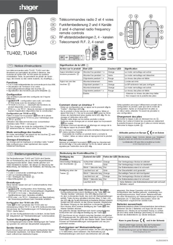 Immagine Manuale di installazione en-GB, fr-FR, de-DE, it-IT, nl-NL, pl-PL 2009-07-03 | Hager Italia