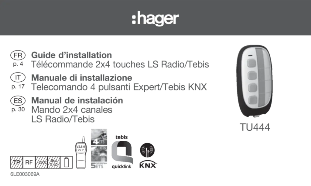 Image Notice télécommandes 2x4 touches LS Radio Tebis | Hager France