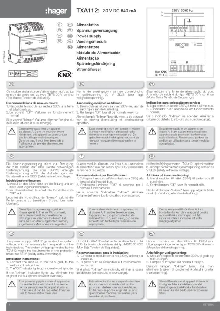 Immagine Manuale di installazione en-GB, es-ES, fr-FR, de-DE, it-IT, nl-NL, nn-NO, pt-PT, sv-SE 2013-04-10 | Hager Italia