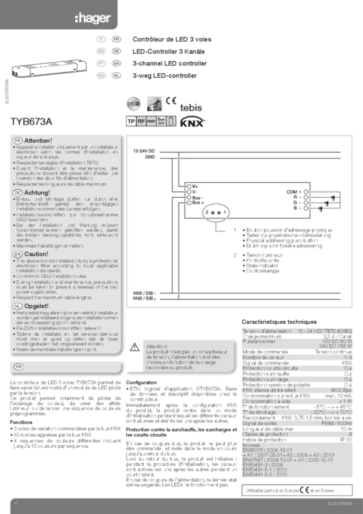 Bild Betriebsanleitung für TYB673A - LED Dimmer 3fach KNX, spannungsgesteuert, RGB (DE-NO-PT-EN-IT-FR-ES-NL, Stand: 09.2014) | Hager Deutschland