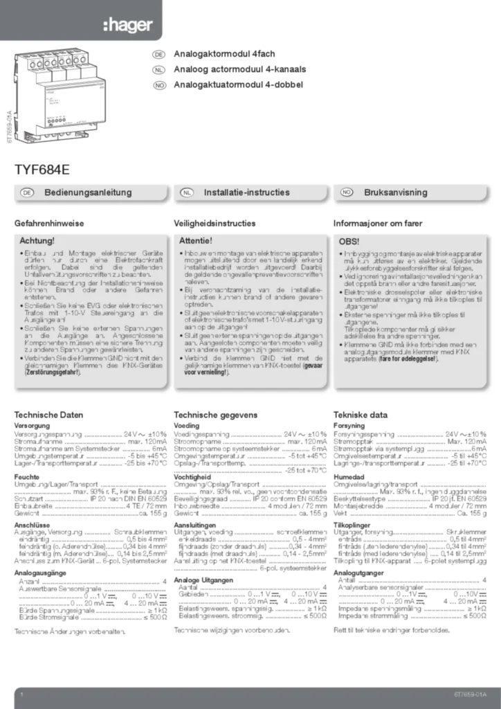 Bild Montageanleitung für TYF684E - Analogausgang 4fach KNX, Erweiterungsmodul (DE-NO, NL, Stand: 01.2013) | Hager Deutschland