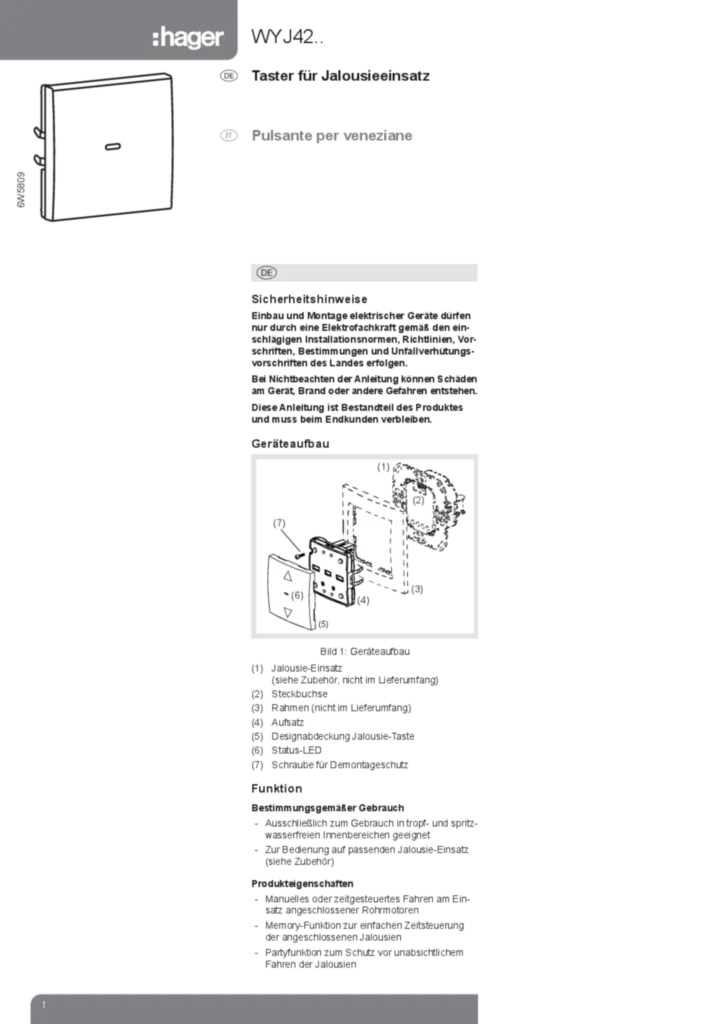 Bild Bedienungs- und Montageanleitung für WYJ420 - Jalousie-Taste (DE, Stand: 04.2013) | Hager Deutschland