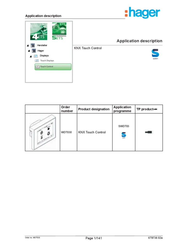 Bild Applikationsbeschreibung ETS für75740101 - KNX Touch Control (EN, 2016-07), ETS link | Hager Deutschland