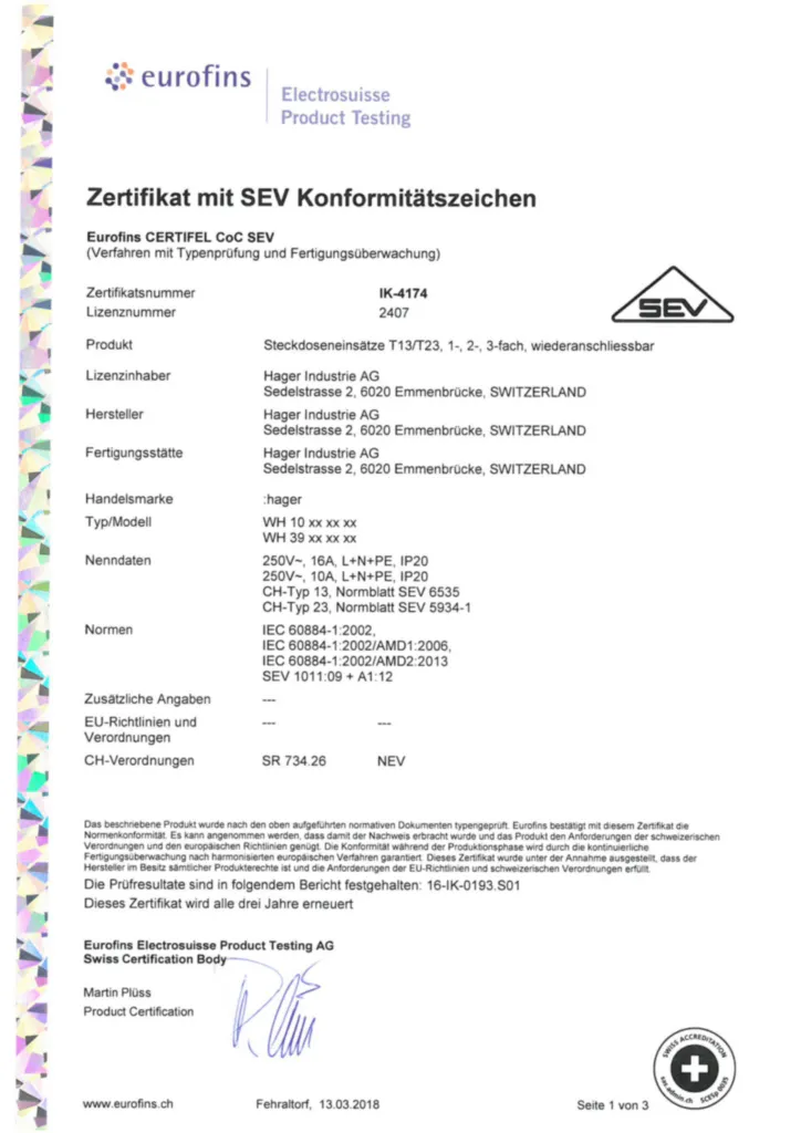 Bild Zertifikat SEV für Steckdoseneinsatz CH Typ 13/Typ 23 (DE, Nr. 2407, 2018-03) | Hager Schweiz