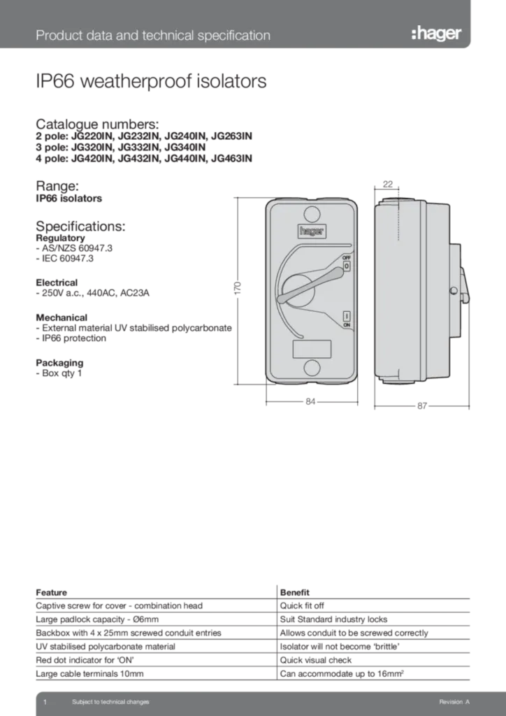 Image JG Weatherproof Isolators Data Sheet  | Hager Australia