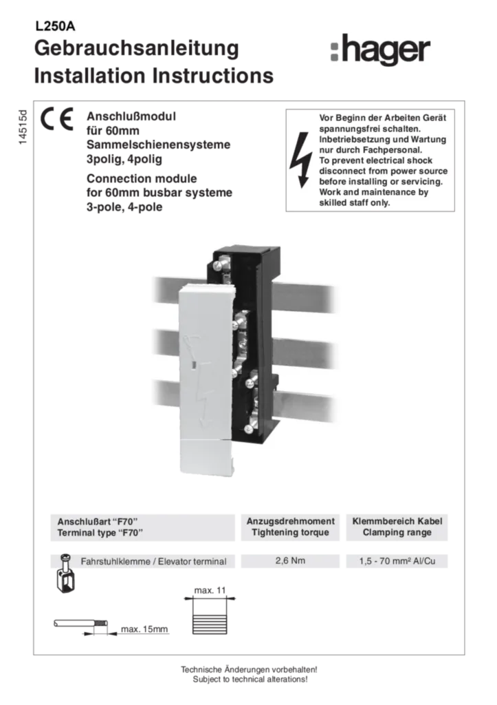 Bild Installationsanleitung für L250A - Anschlussmodul mit Anschlussklemmen für Al/Cu 1, 5-70 mm², für Sammelschiene 60 mm (DE, Stand: 03.2004) | Hager Deutschland