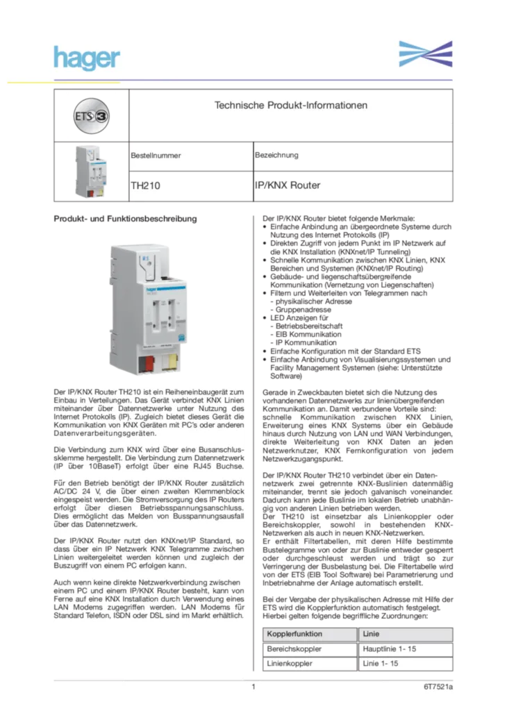 Immagine DEscription d'application ETS TH210 | Hager Italia