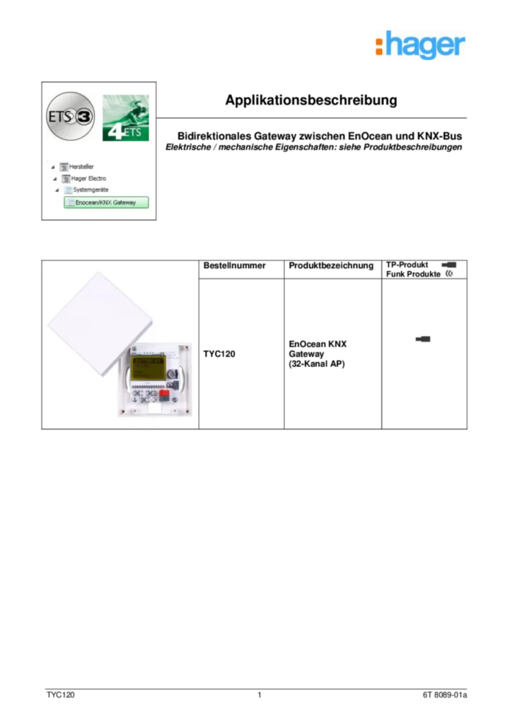 Bild Applikationsbeschreibung ETS für TYC120 - EnOcean Funk KNX - Gateway (DE, Vers. 6T 8089-01a) | Hager Deutschland
