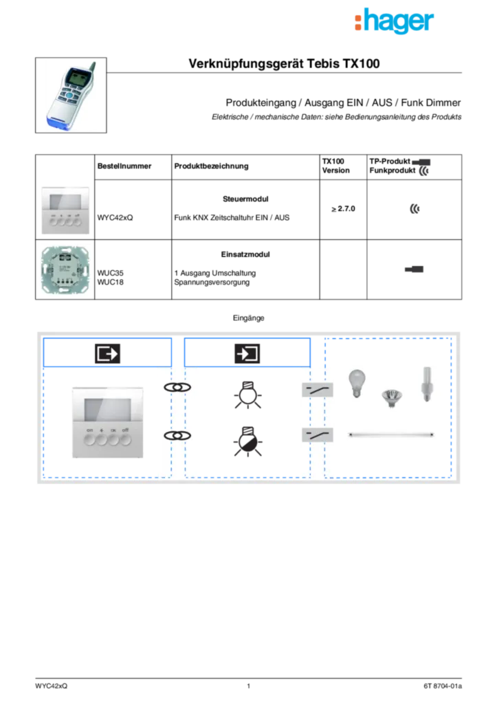 Bild Funktionsbeschreibung TX100 für WYC42xQ, WUC35, WUC18 - Produkteingang / Ausgang EIN/AUS / Funk Dimmer (DE, Vers. 6T 8704-01) | Hager Deutschland