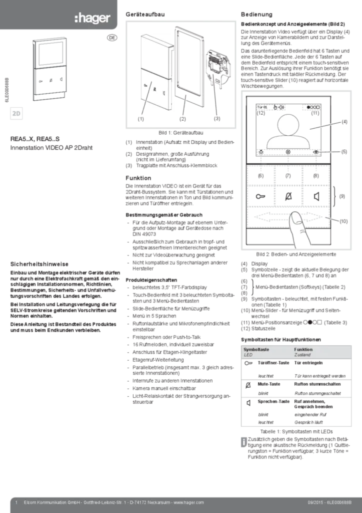 Image Notice d'instruction pour REA5XX-REA5XXS - Poste intérieur vidéo 2fils pose saillie (DE 2015-09) | Hager Suisse