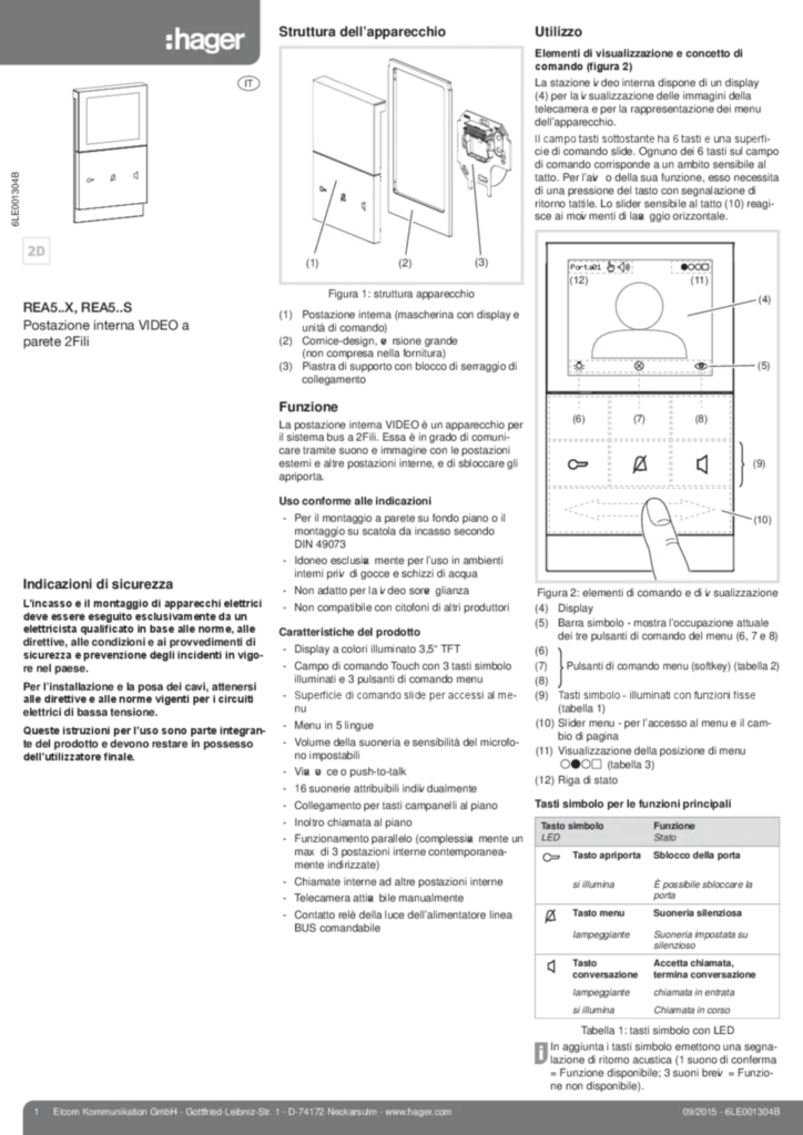 Image Notice d'instruction pour REA5XX-REA5XXS - Poste intérieur vidéo 2fils pose saillie (IT 2015-09) | Hager Suisse