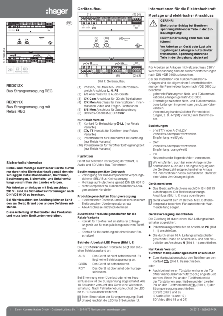 Image Notice d'instruction pour RED011X-RED012X - Alimentation de ligne bus (DE 2015-08) | Hager Suisse