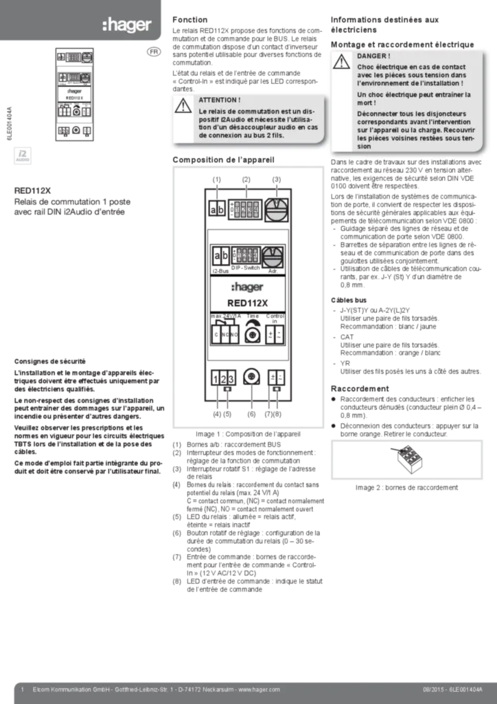 Image Notice d'instruction pour RED112X - Relais pour fonctions auxiliaires (FR 2015-08) | Hager Suisse