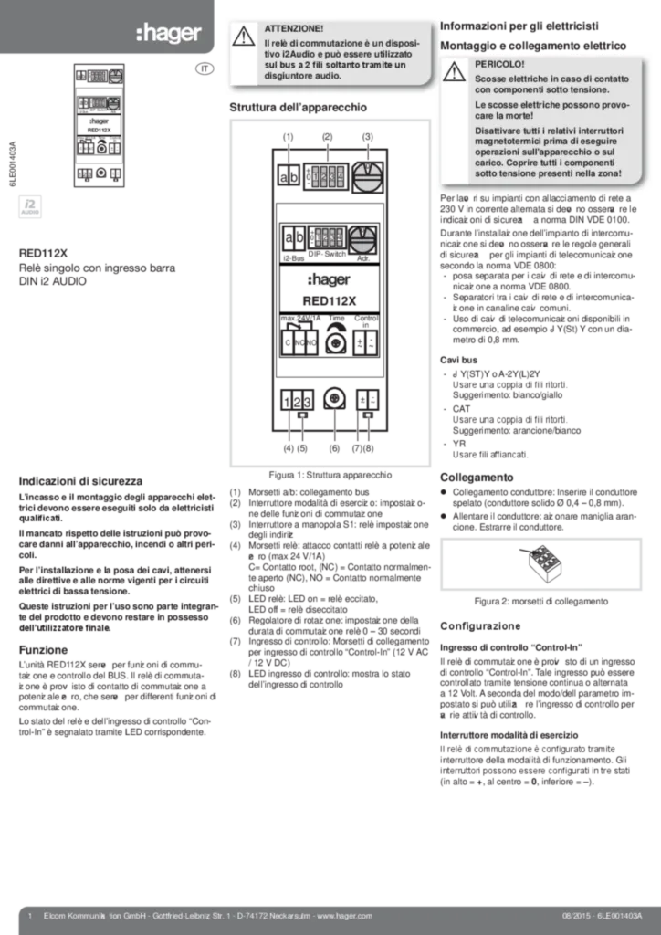 Image Notice d'instruction pour RED112X - Relais pour fonctions auxiliaires (IT 2015-08) | Hager Suisse