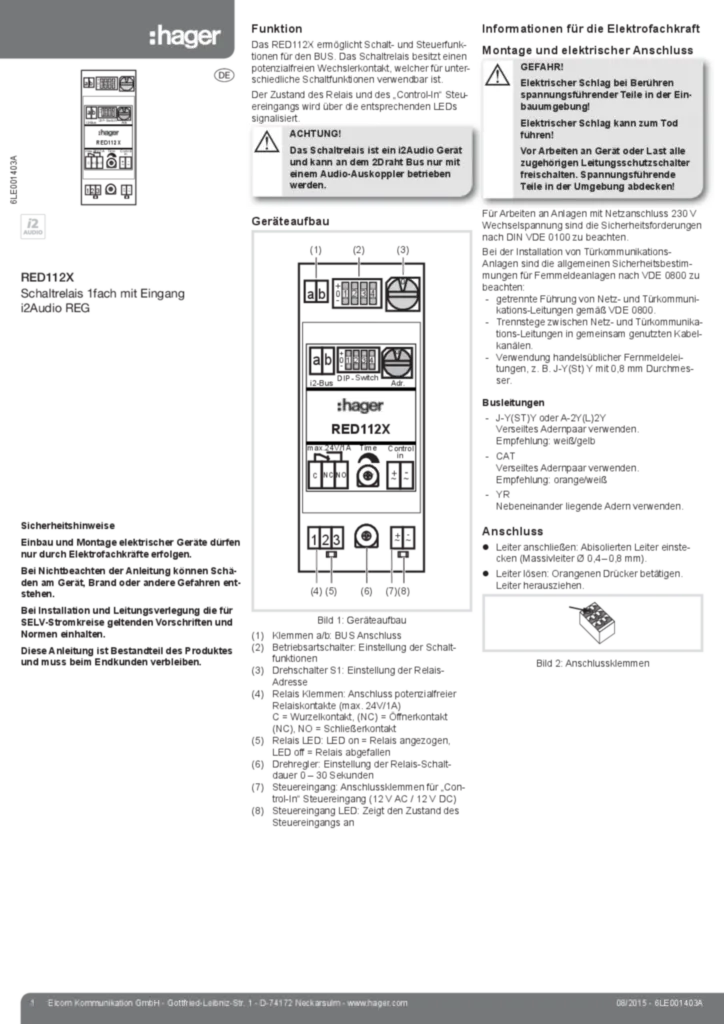 Image Notice d'instruction pour RED112X - Relais pour fonctions auxiliaires (DE 2015-08) | Hager Suisse