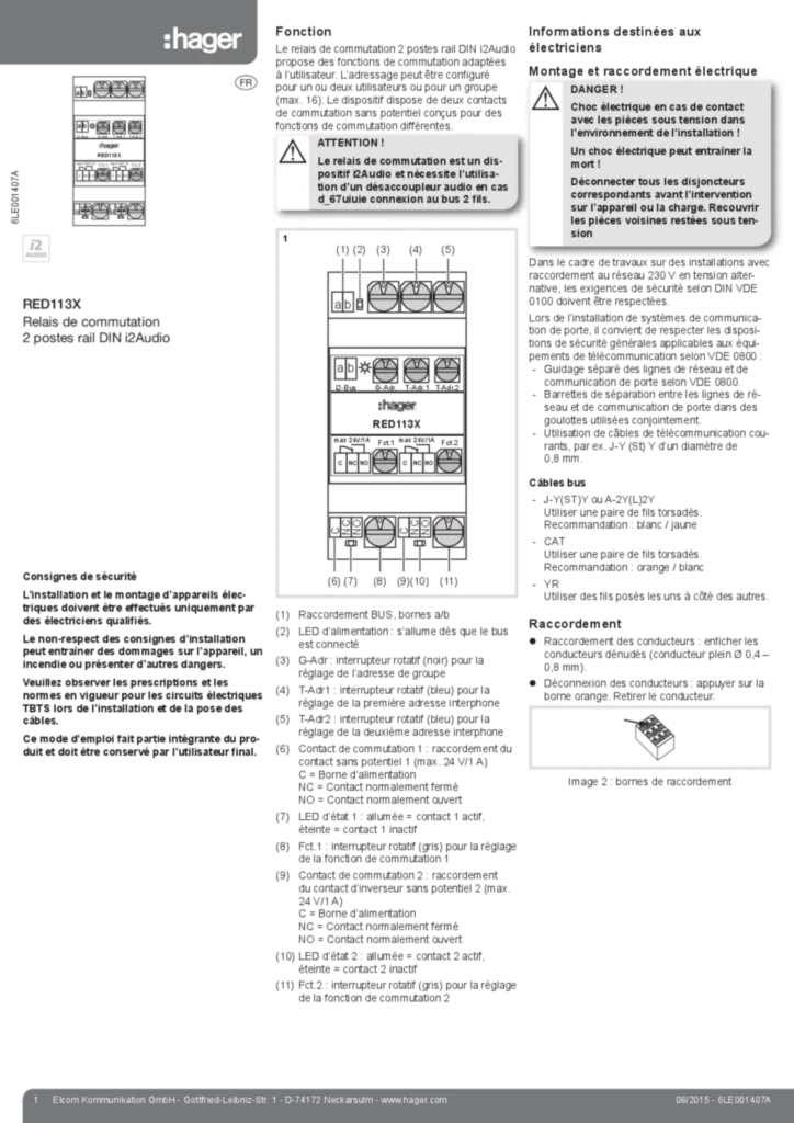 Image Notice d'instruction pour RED113X - Relais 2 contacts NO/NF (FR 2015-08) | Hager Suisse