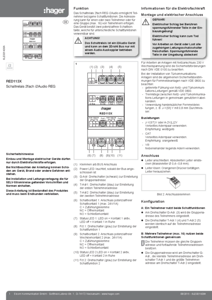 Image Notice d'instruction pour RED113X - Relais 2 contacts NO/NF (DE 2015-08) | Hager Suisse