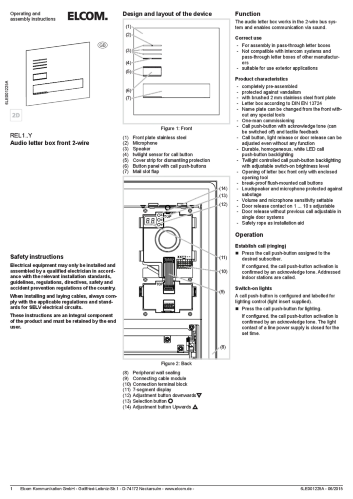 Bild Bedienungs- und Montageanleitung für REL10XXY - Briefkastenfront Audio (EN 2015-06) | Hager Deutschland