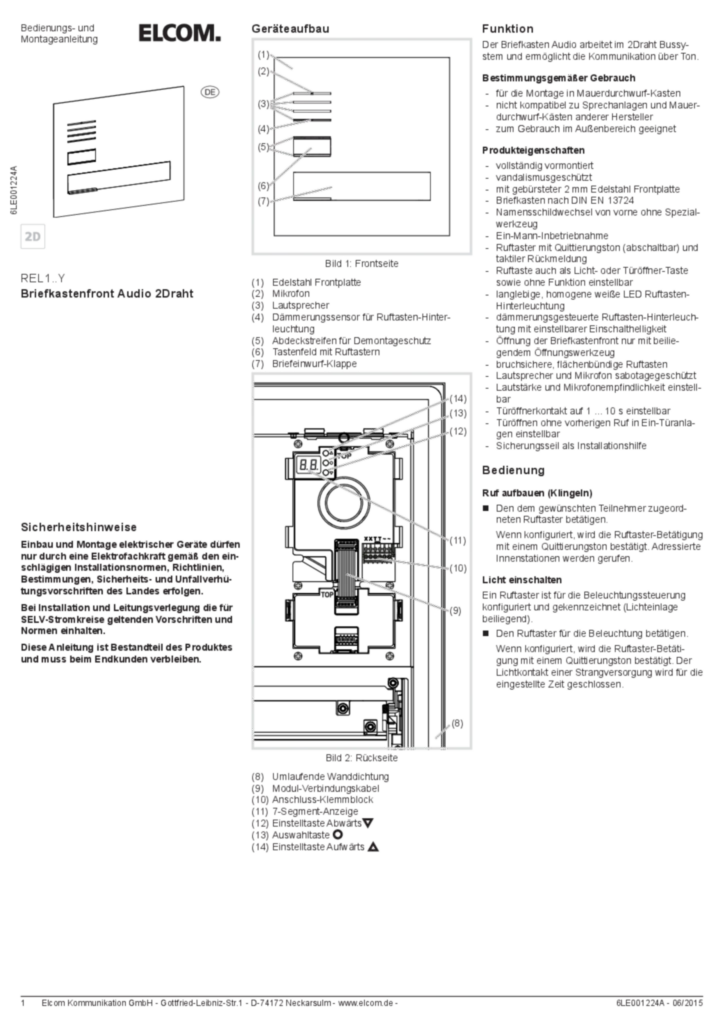 Bild Bedienungs- und Montageanleitung für REL10XXY - Briefkastenfront Audio (DE, Stand: 06.2015) | Hager Deutschland