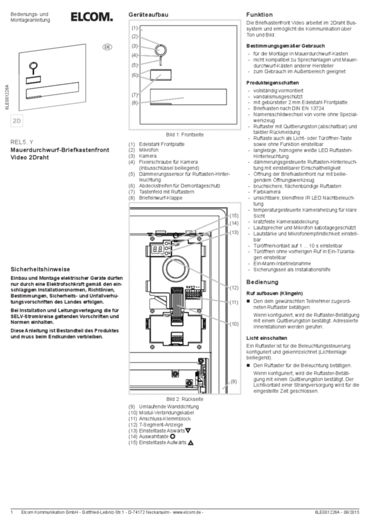 Bild Bedienungs- und Montageanleitung für REL50XXY - Briefkastenfront Video (DE, Stand: 06.2015) | Hager Deutschland
