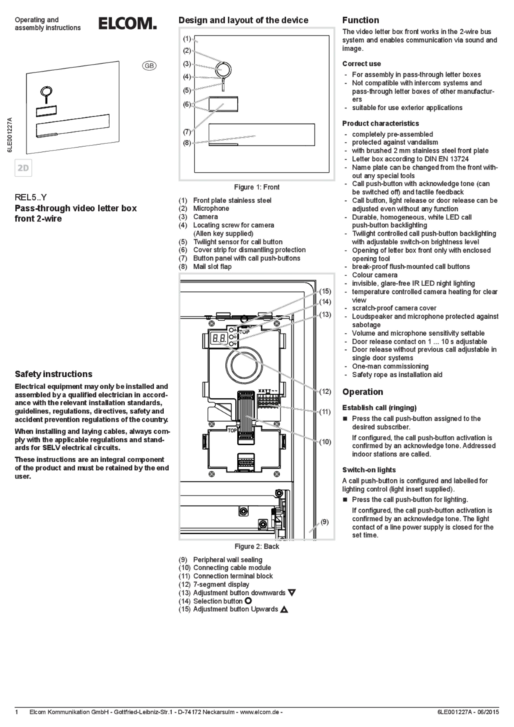 Bild Bedienungs- und Montageanleitung für REL50XXY - Briefkastenfront Video (EN 2015-06) | Hager Deutschland