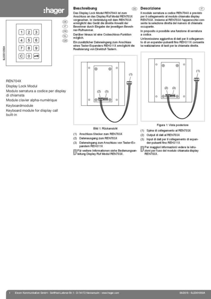 Bild Bedienungs- und Montageanleitung für REN704X - Display Lock Modul (DE-IT-FR-NL-EN, Stand: 06.2015) | Hager Schweiz