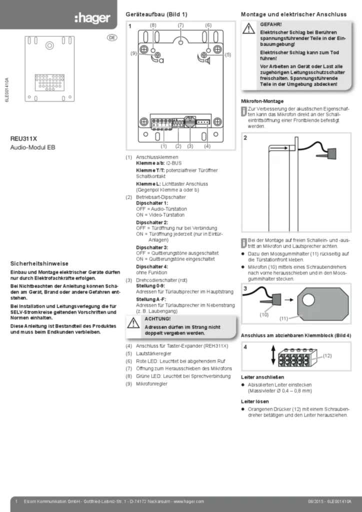 Image Notice d'instruction pour REU311X - Module audio intégré (DE 2015-08) | Hager Suisse