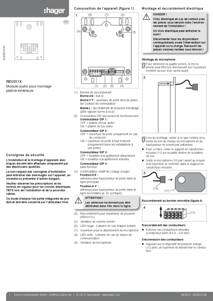Image Notice d'instruction pour REU311X - Module audio intégré (FR 2015-08) | Hager Suisse
