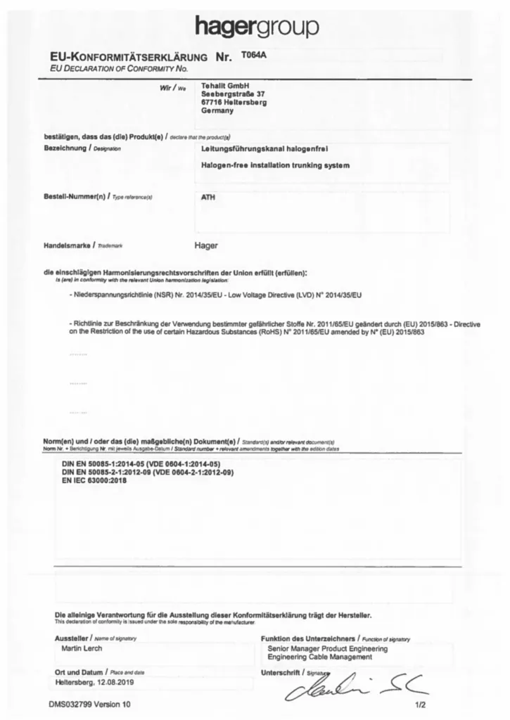 Bild CE-Konformitätserklärung für ATH1xx - Leitungsführungskanal halogenfrei (DE-EN, Stand: 08.2019) | Hager Deutschland