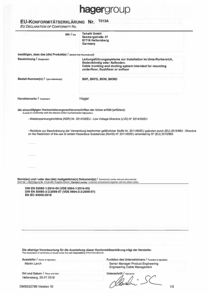 Bild CE-Konformitätserklärung für BKFxx, BKFDxx, BKWxx, BKWDxx - Leitungsführungssysteme Unterflur (DE-EN, Stand: 07.2019) | Hager Deutschland