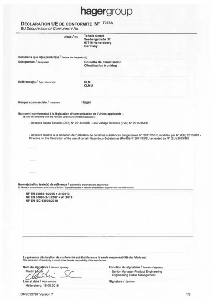 Afbeelding Conformiteitsverklaring en-GB, fr-FR 2020-01-01 | Hager Belgium
