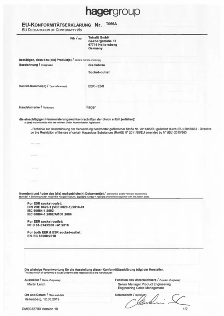 Bild CE-Konformitätserklärung für EERxx, ESRxx - Steckdose (DE-EN, Stand: 08.2019) | Hager Deutschland