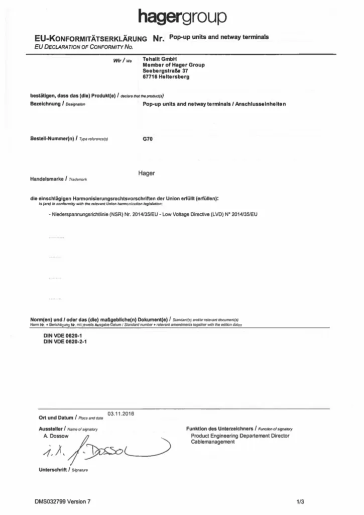 Bild CE-Konformitätserklärung für G70xx - Zubehör (Stand: 11.2016) | Hager Deutschland