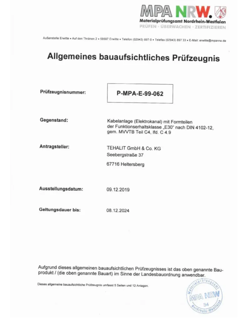 Bild Allgemeines bauaufsichtliches Prüfzeugnis (ABP) FWK9 P-MPA-E-99-062 (abgehängte Montage, E30) | Hager Deutschland