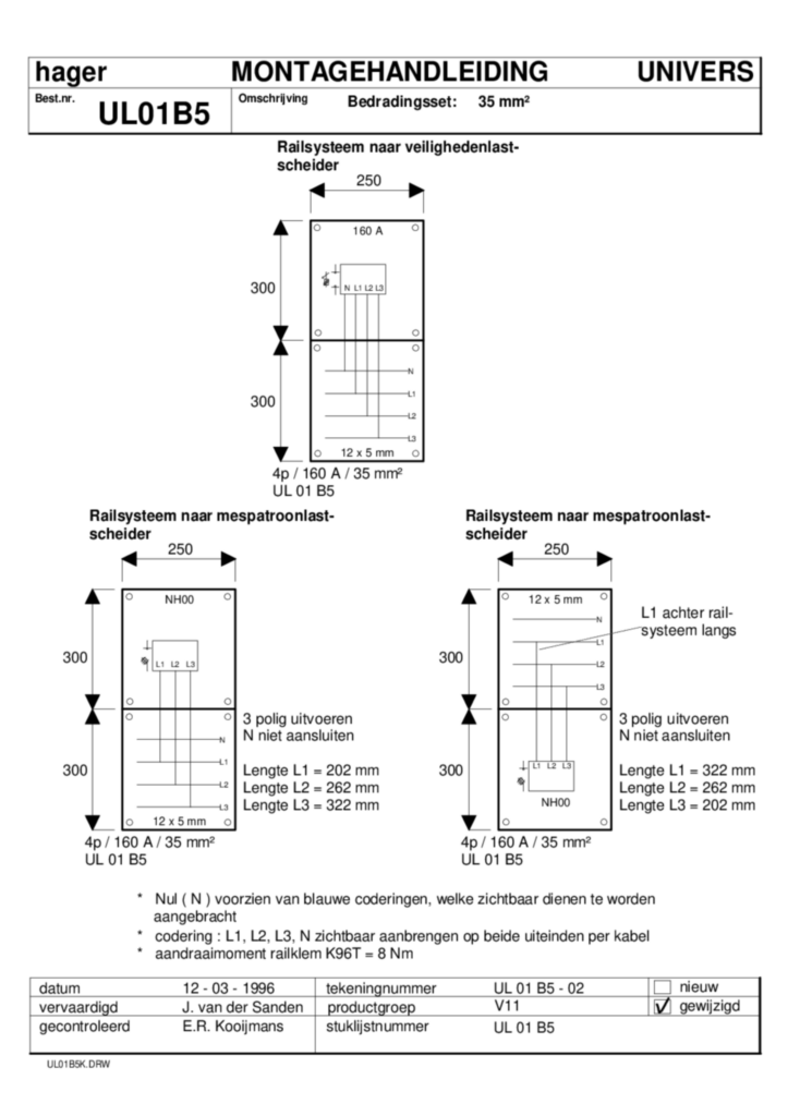 Bild Montageanleitung für UL01B5 - Verbindungssatz, universN, 4 polig, 160A, 35 mm² (NL, Stand: 03.1996) | Hager Deutschland