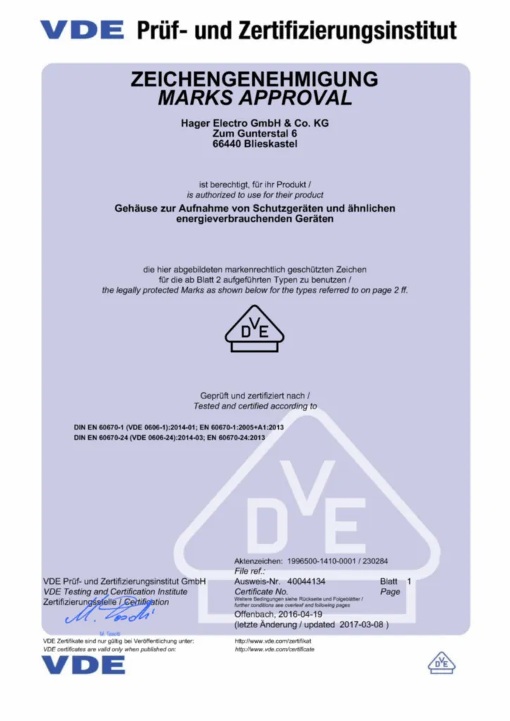 Bild VZ408M - Zertifikat | Hager Deutschland