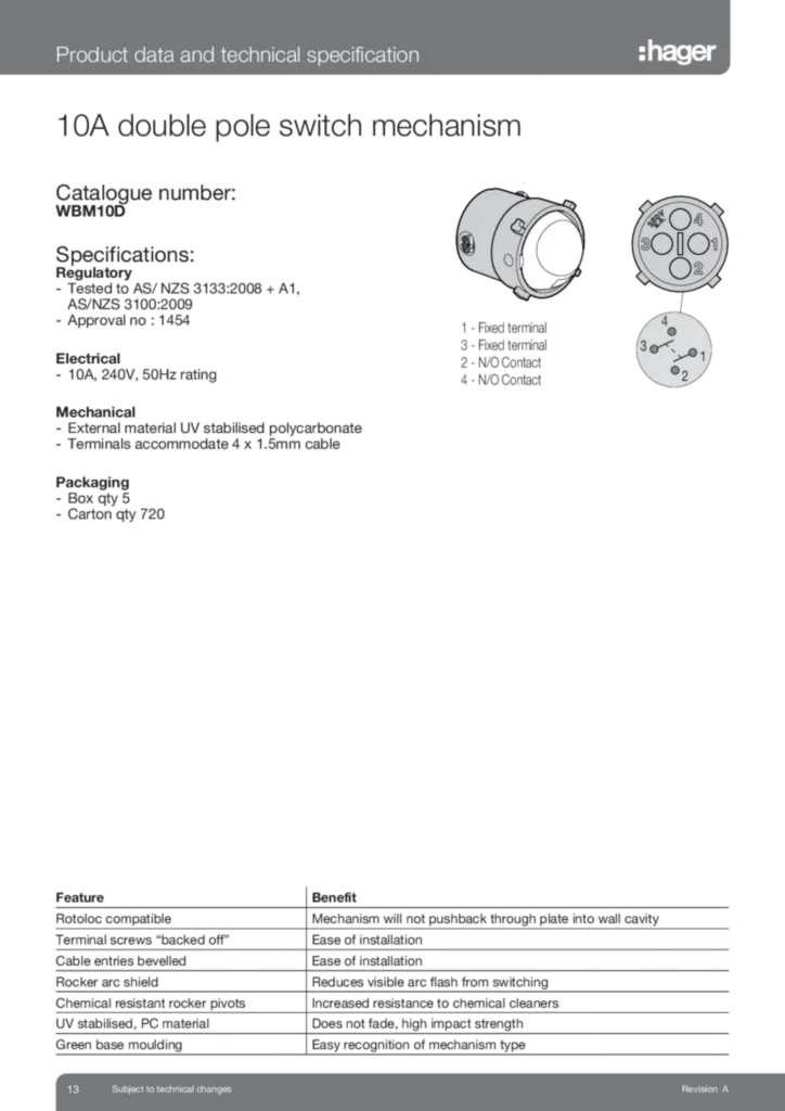 Image WBM10D Double Pole Mech Data Sheet  | Hager Australia