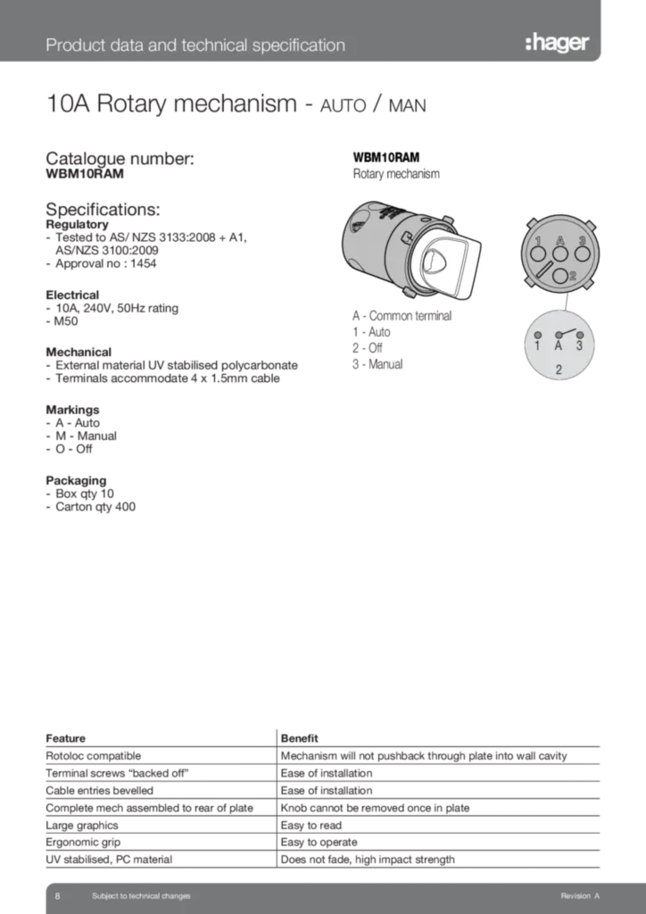 Image WBM10RAM Auto / Manual Rotary Mechanism  | Hager Australia