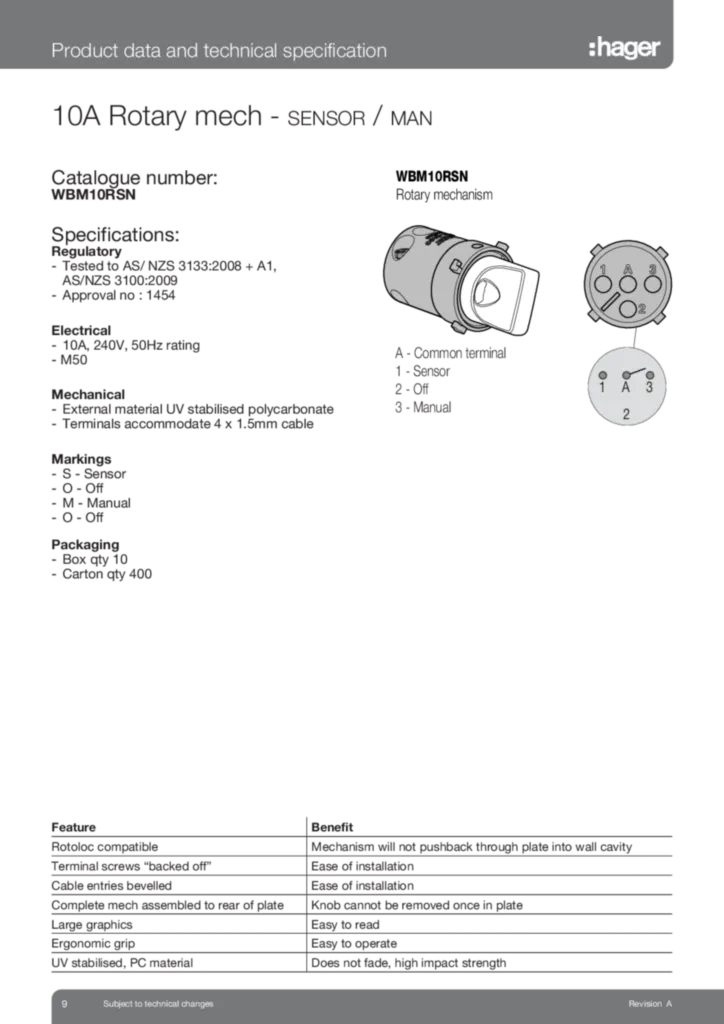 Image WBM10RSN Rotary Mech Sensor / Man Data Sheet  | Hager Australia