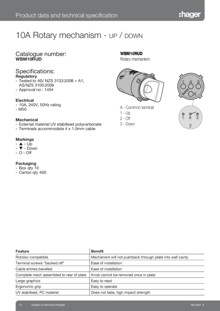 Image WBM10RUD Up Down Rotary Mech Data Sheet  | Hager Australia