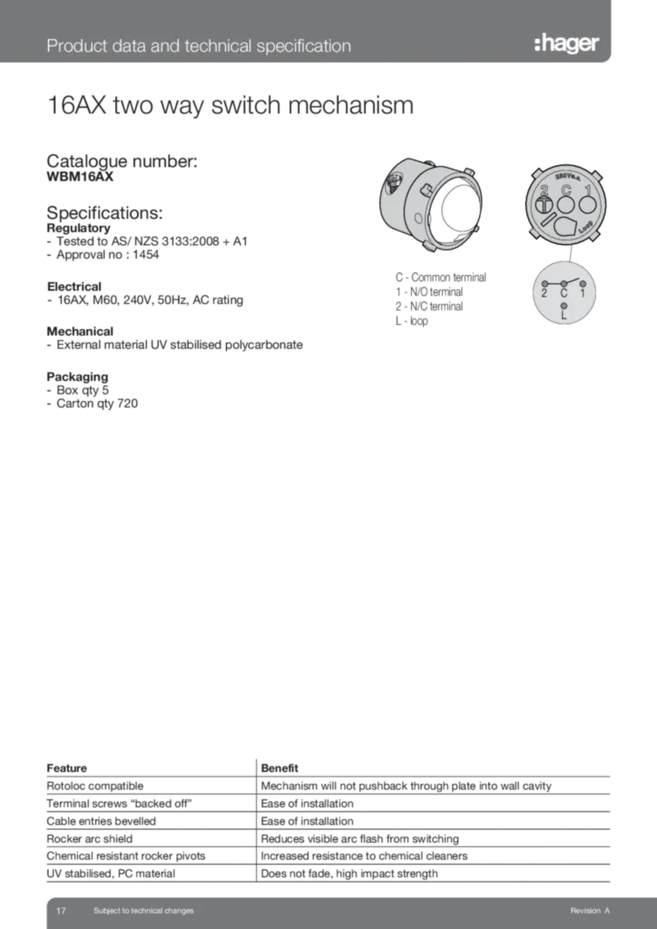 Image WBM16AX Two Way Switch Mech Data Sheet  | Hager Australia