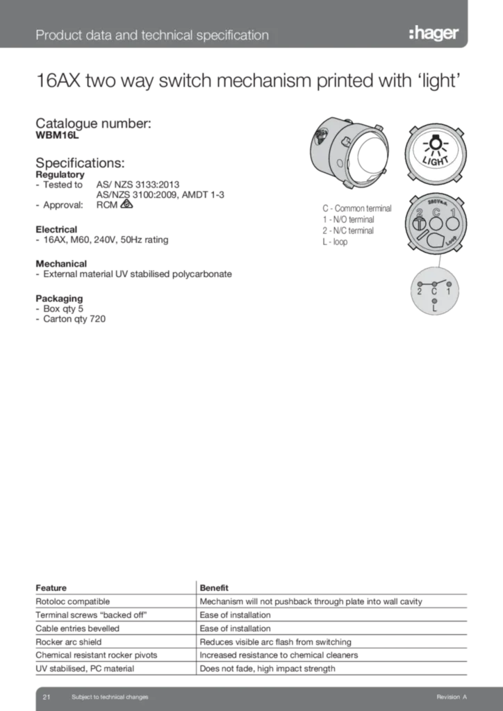 Image WBM16L Two Way Switch Mech Light Data Sheet  | Hager Australia