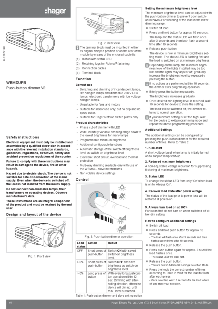 Image WBMDUPB Push Button Dimmer User Instructions  | Hager Australia