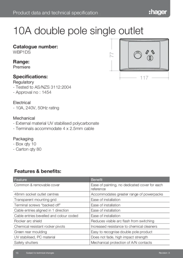 Image WBP1DS DP Single Outlet Data Sheet  | Hager Australia