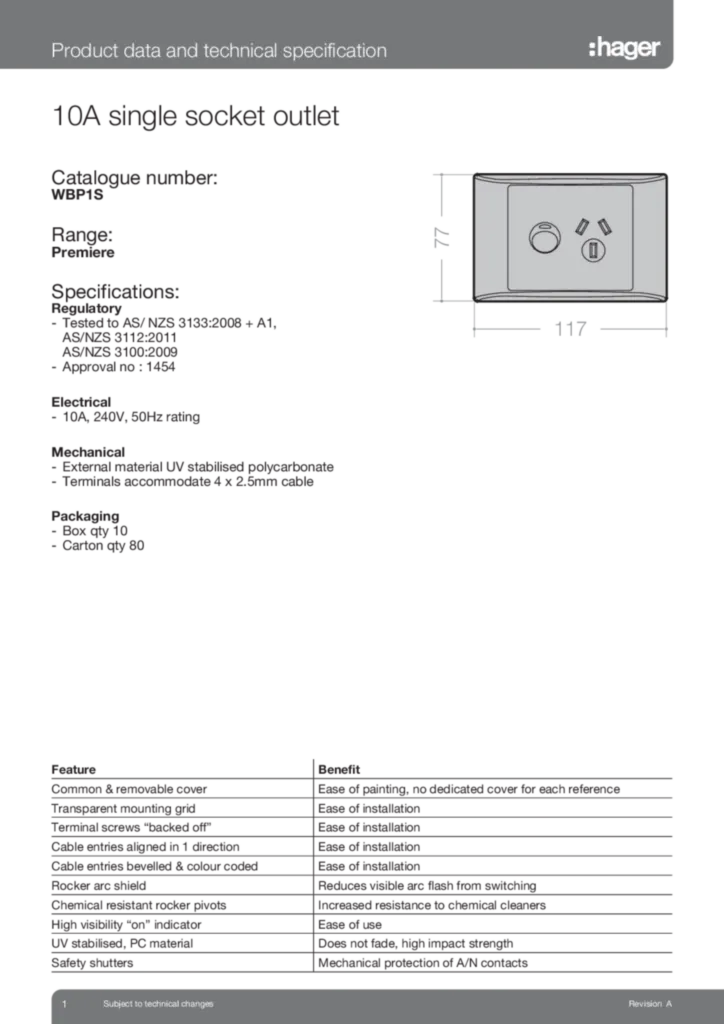 Image WBP1S Single Socket Data Sheet  | Hager Australia