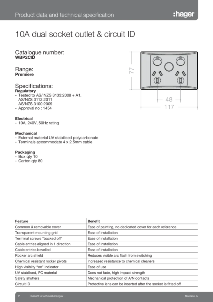 Image WBP2CID Dual Socket with Circuit ID Data Sheet  | Hager Australia